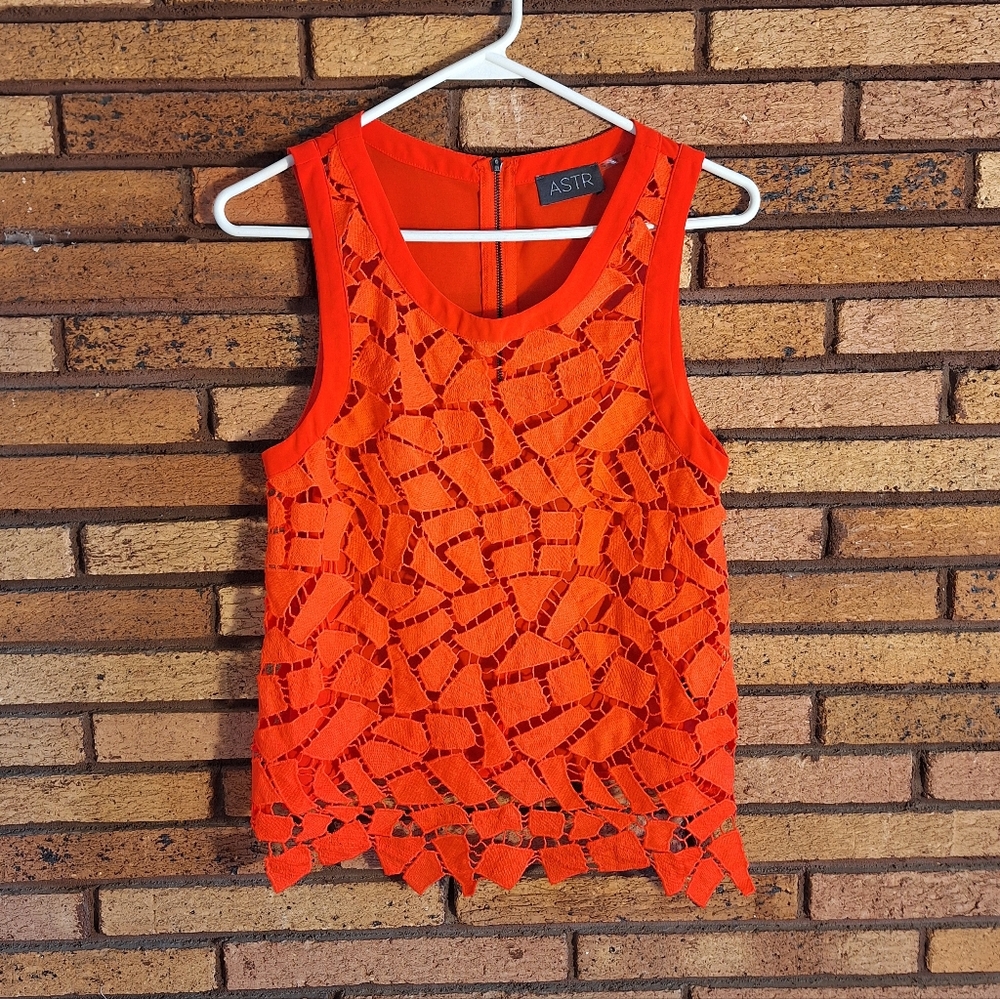 ASTR Small Orange Geometric Lace Cutout Top